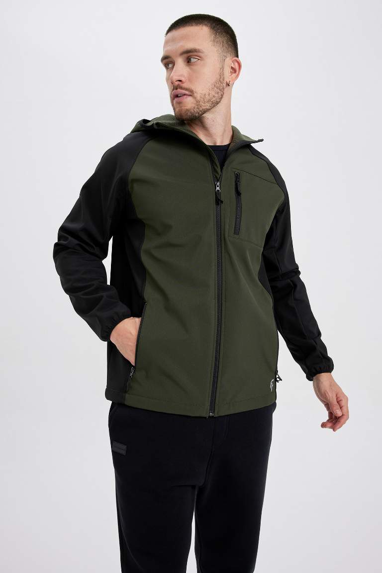 Khaki MAN DeFactoFit Slim Fit Hooded Softshell Jacket 2752530 | DeFacto