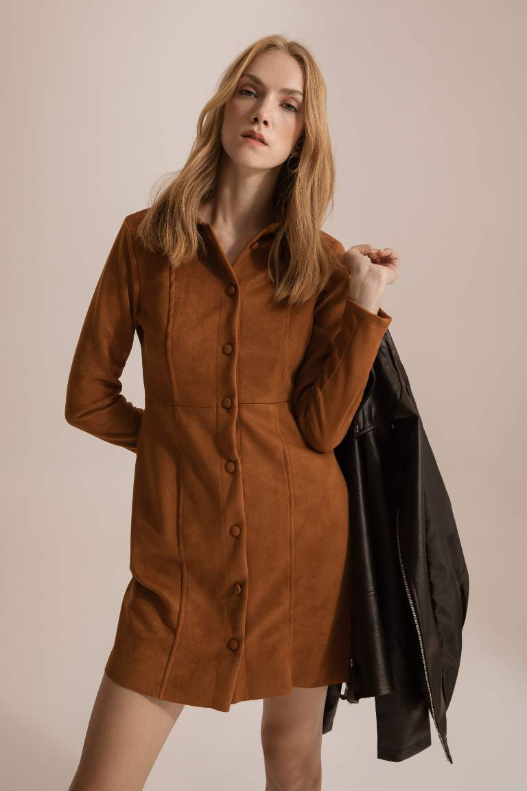 Shirt Collar Long Sleeve Suede Mini Dress