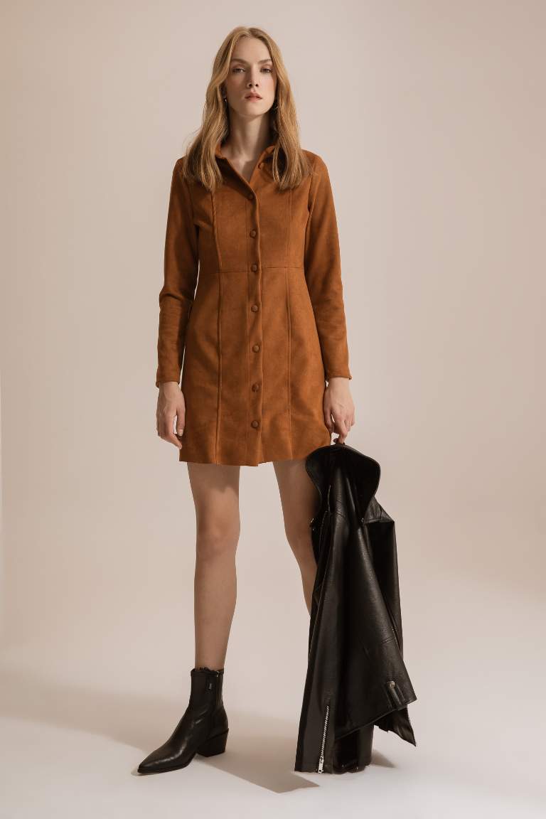 Shirt Collar Long Sleeve Suede Mini Dress