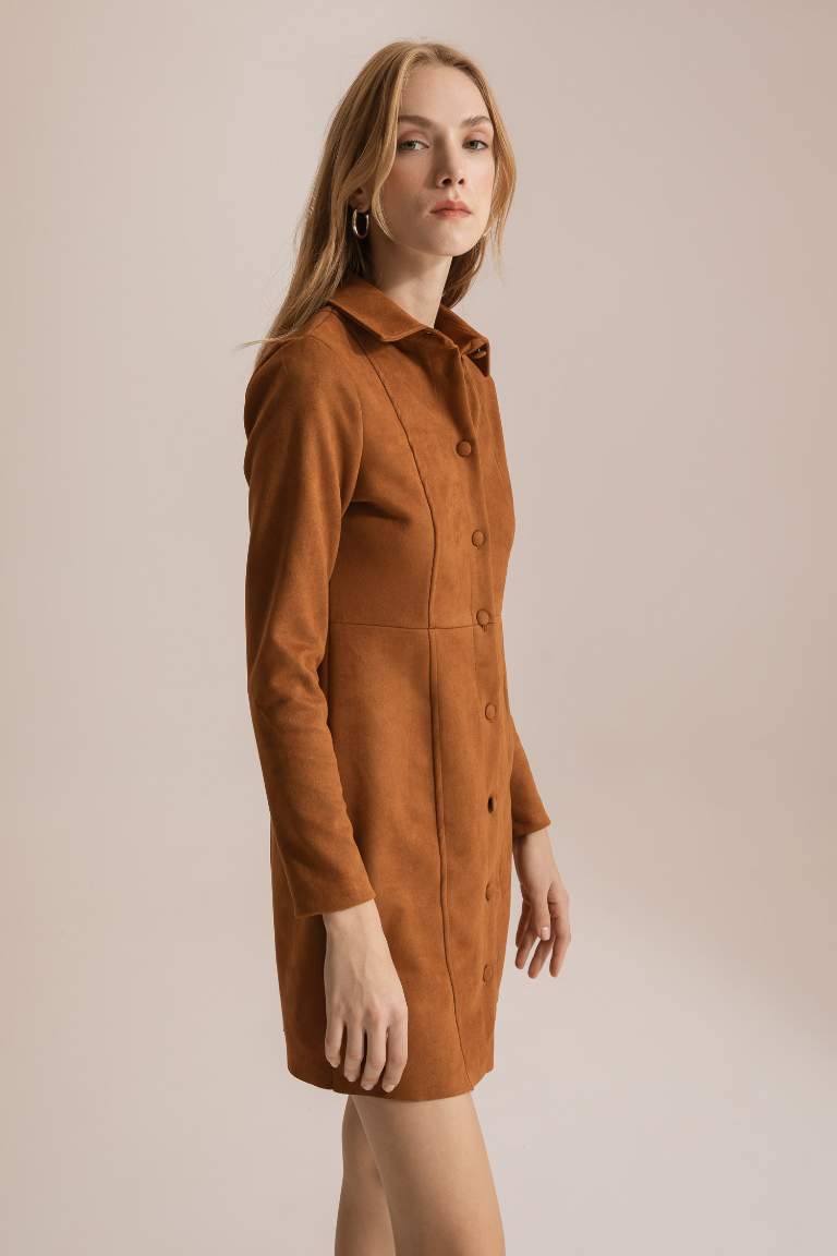 Shirt Collar Long Sleeve Suede Mini Dress