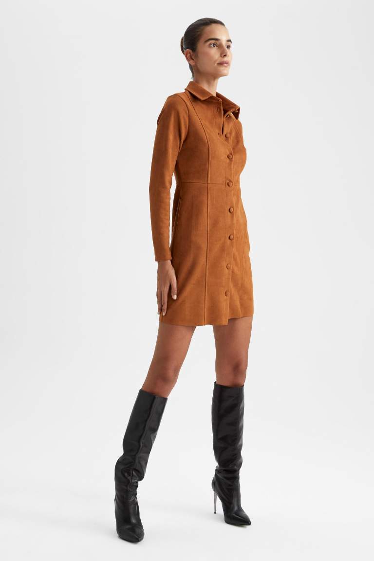 Shirt Collar Long Sleeve Suede Mini Dress