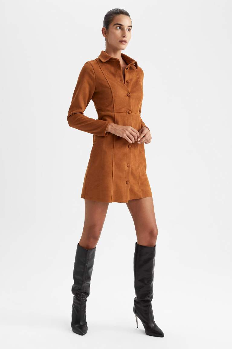 Shirt Collar Long Sleeve Suede Mini Dress