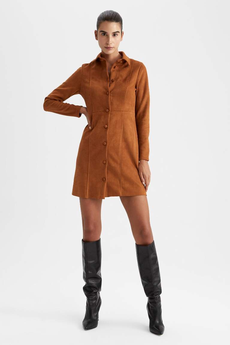 Shirt Collar Long Sleeve Suede Mini Dress