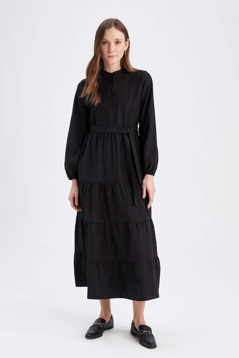 Black حريمي Crew Neck Basic Belted Long Sleeve Poplin Maxi Dress ...