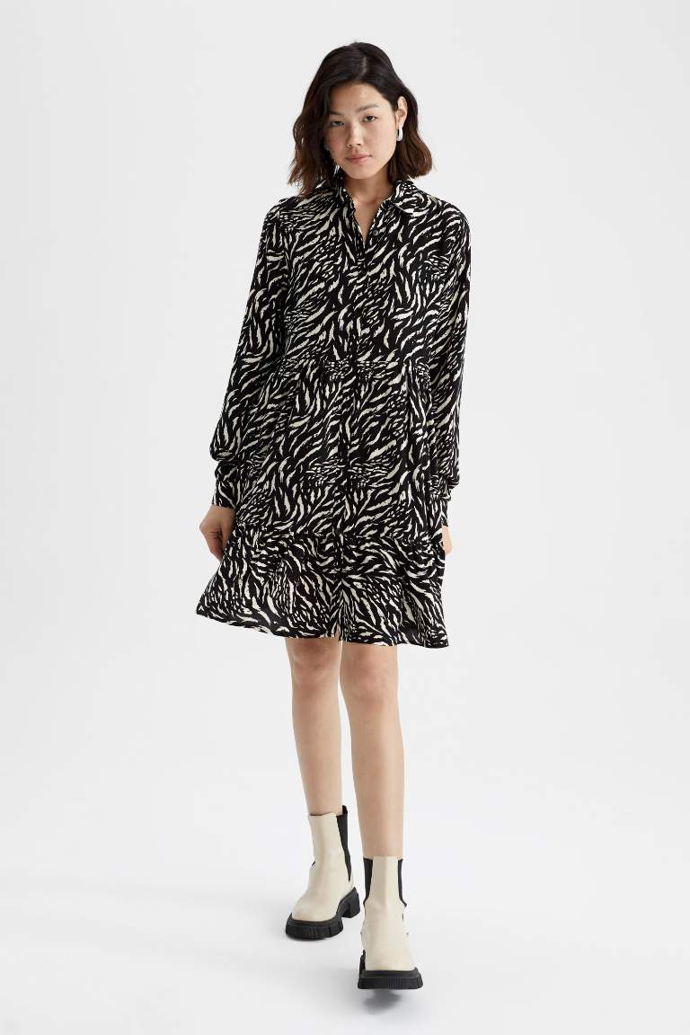 Shirt Collar Zebra Long Sleeve Mini Dress