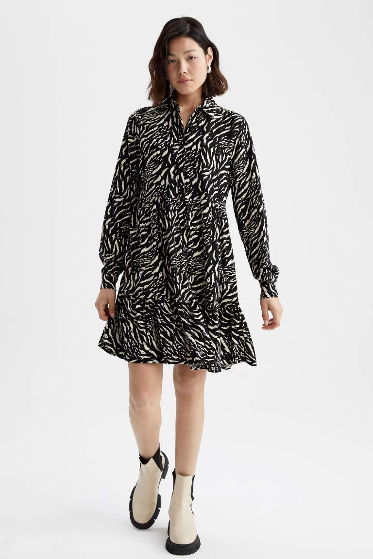 Shirt Collar Zebra Long Sleeve Mini Dress