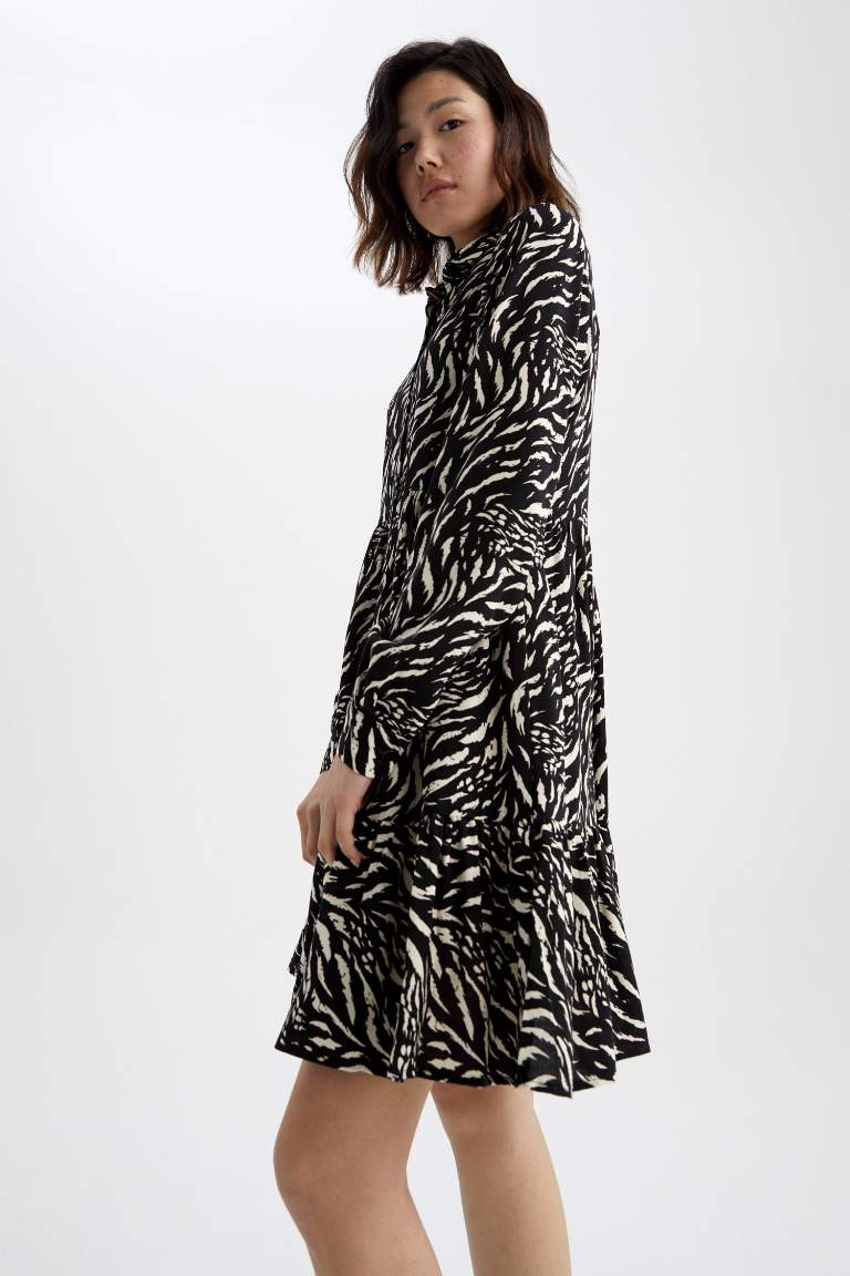 Shirt Collar Zebra Long Sleeve Mini Dress