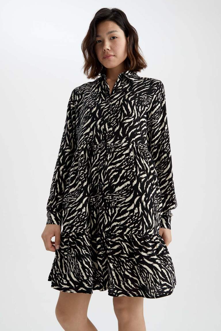 Shirt Collar Zebra Long Sleeve Mini Dress