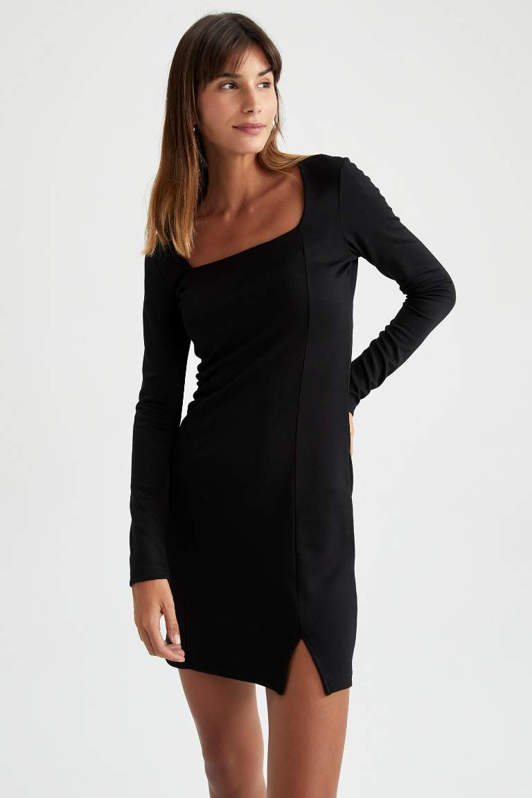 Bodycon Vücudu Saran Kare Yaka Uzun Kollu Mini Elbise