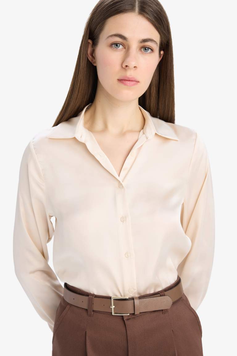 Regular Fit Shirt Collar Satin Long Sleeve Shirt