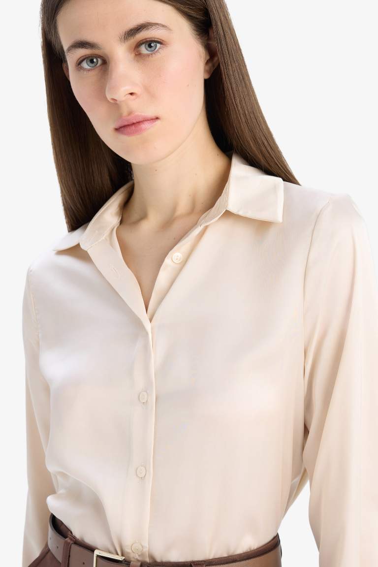 Regular Fit Shirt Collar Satin Long Sleeve Shirt