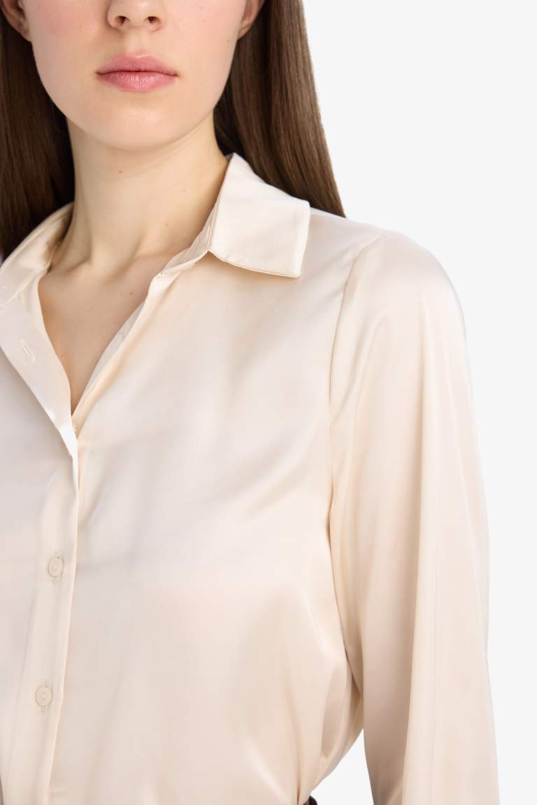 Regular Fit Shirt Collar Satin Long Sleeve Shirt