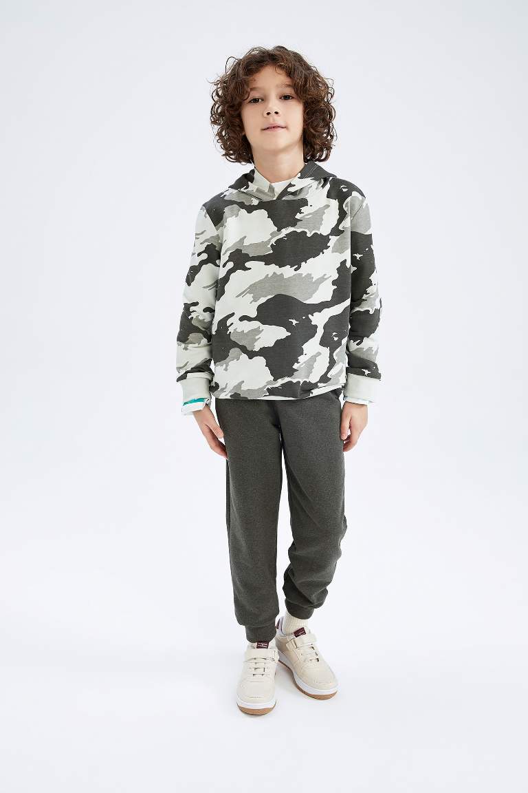 Erkek Çocuk Kamuflaj Desenli Kapüşonlu Sweatshirt Eşofman Altı 2'li Takım