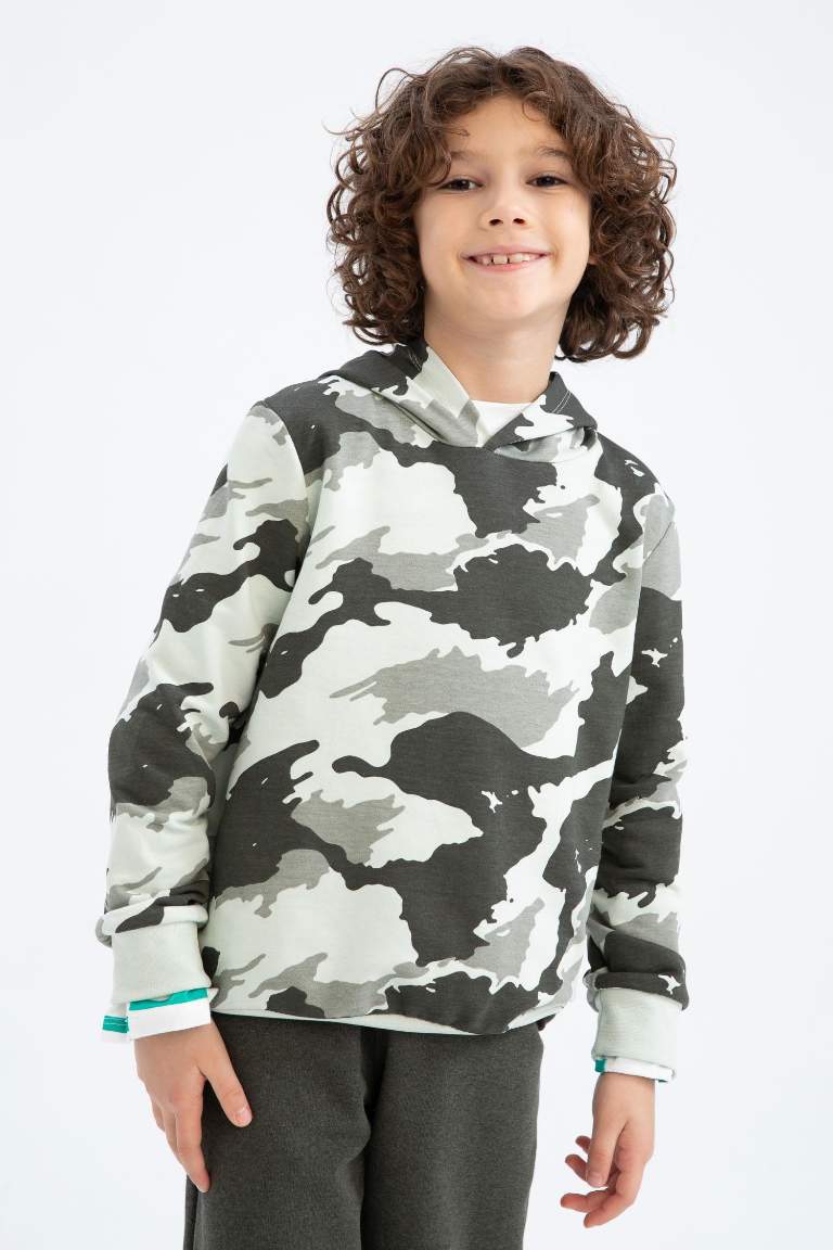 Erkek Çocuk Kamuflaj Desenli Kapüşonlu Sweatshirt Eşofman Altı 2'li Takım