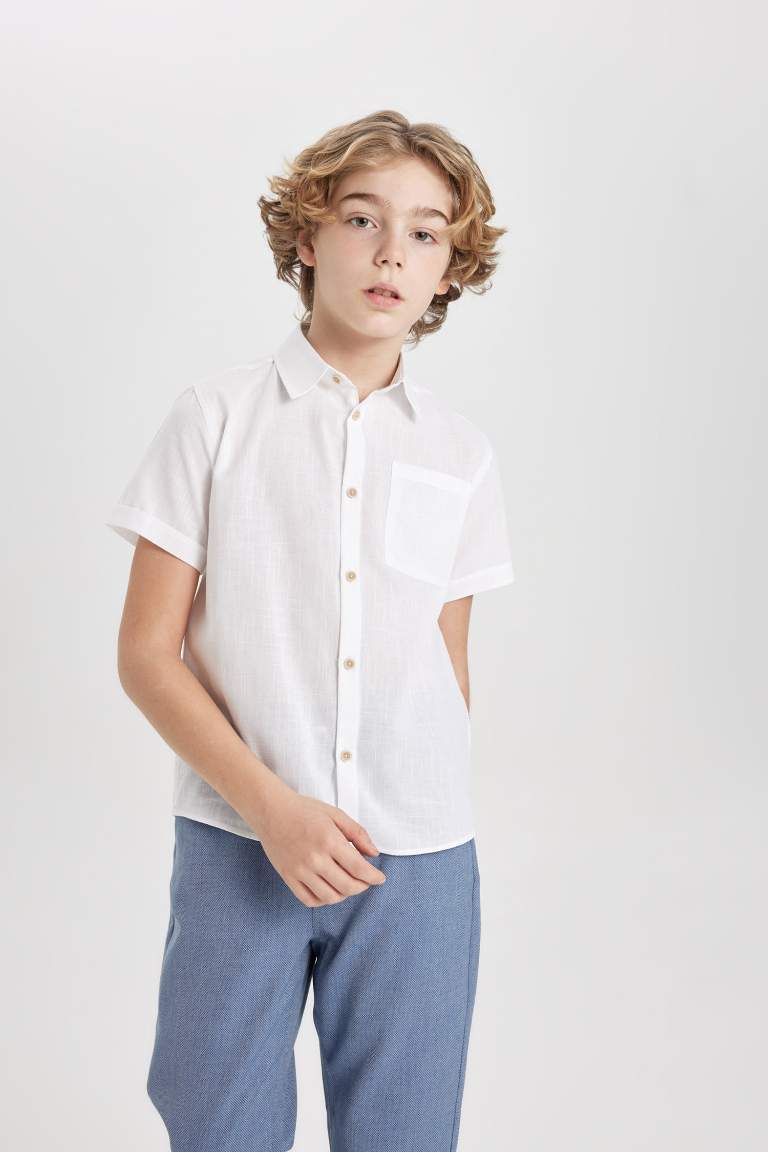 Chemise à Manches Courtes avec Col Polo et Aspect Lin