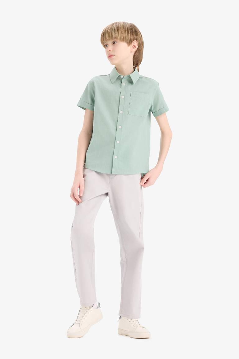 Boy Polo Neck Linen Look Basic Short Sleeve Shirt