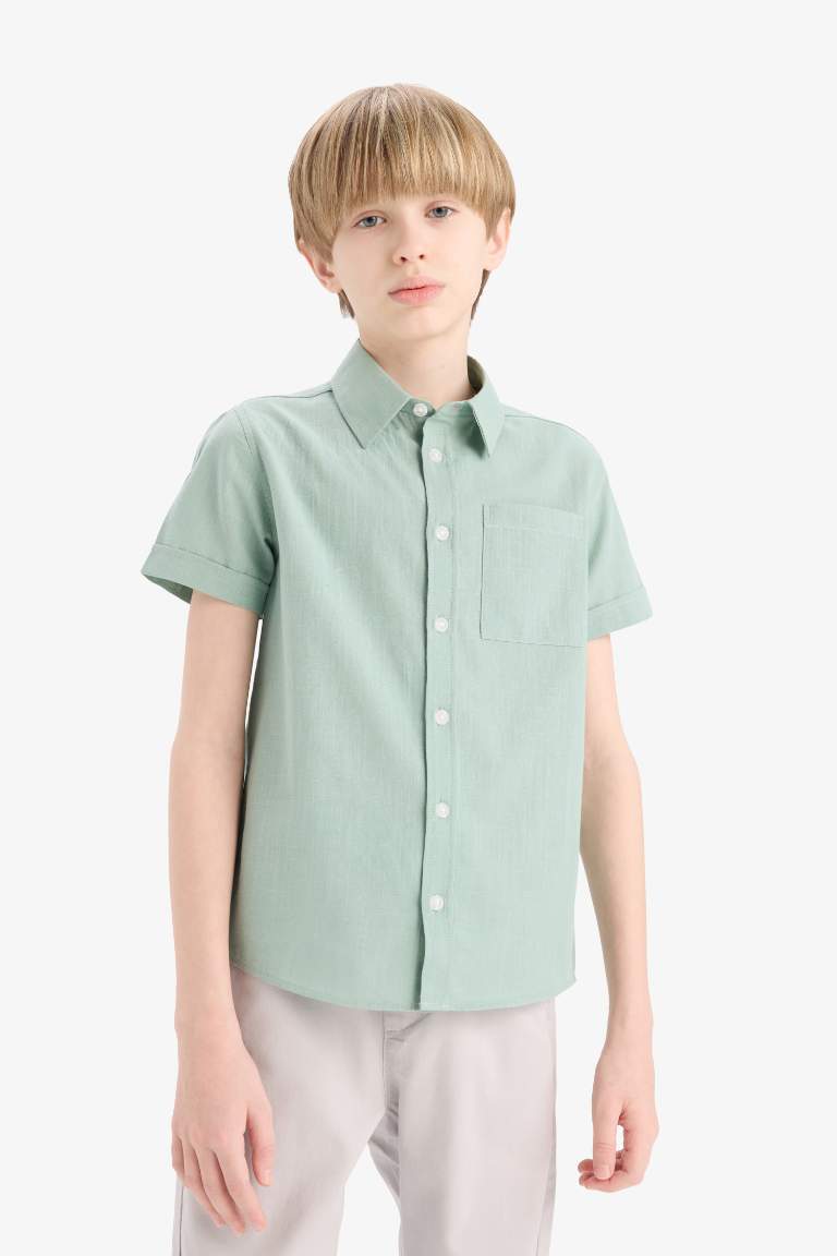 Boy Polo Neck Linen Look Basic Short Sleeve Shirt