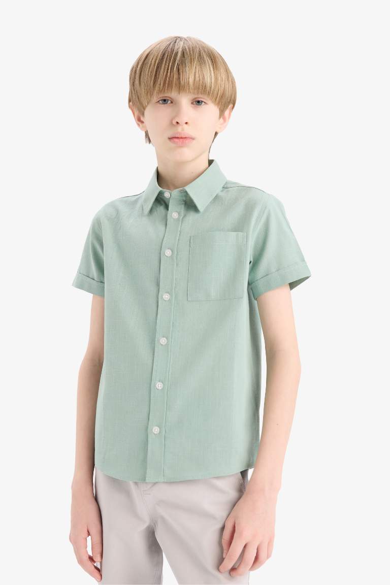 Boy Polo Neck Linen Look Basic Short Sleeve Shirt