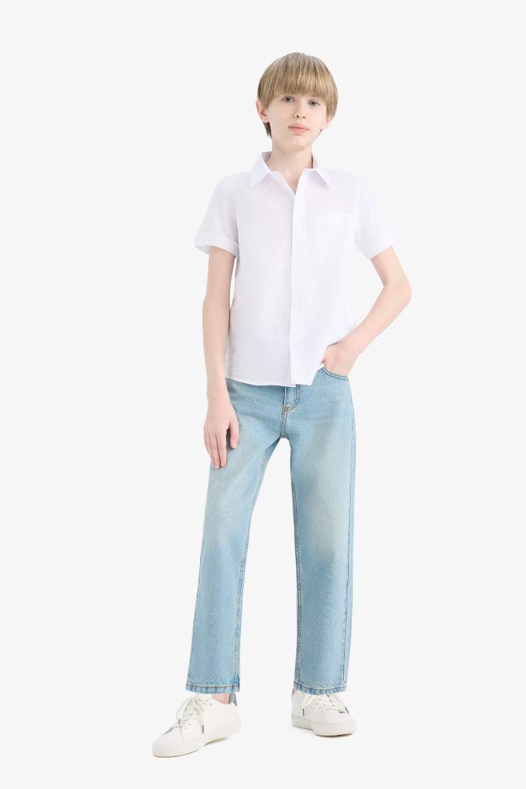 Boy Regular Fit Polo Collar Linen Look Shirt