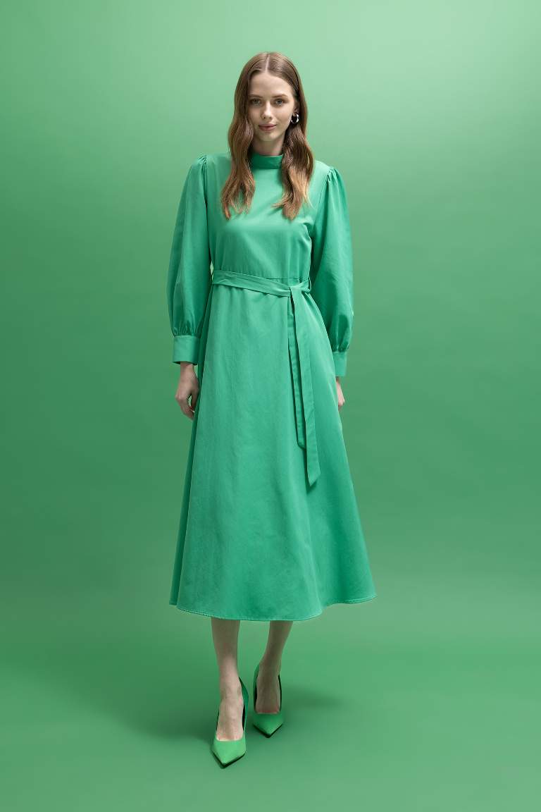 A-Line Half Turtleneck Poplin Long Sleeve Dress