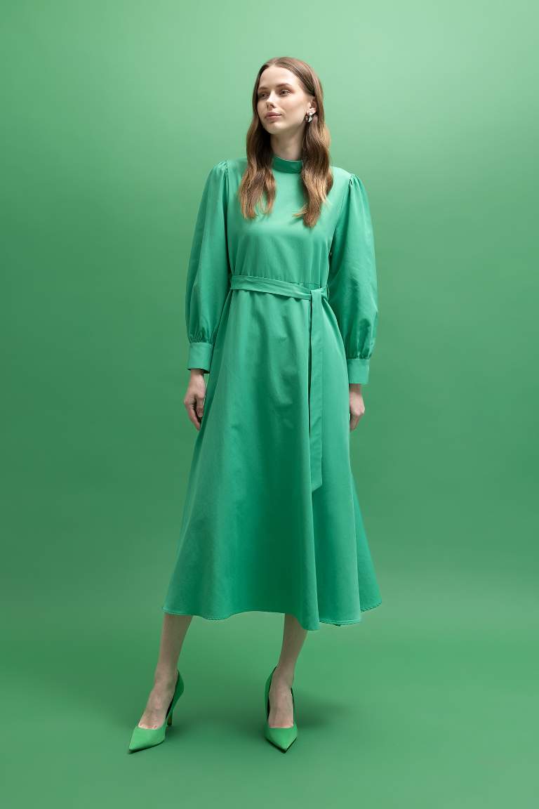 A-Line Half Turtleneck Poplin Long Sleeve Dress
