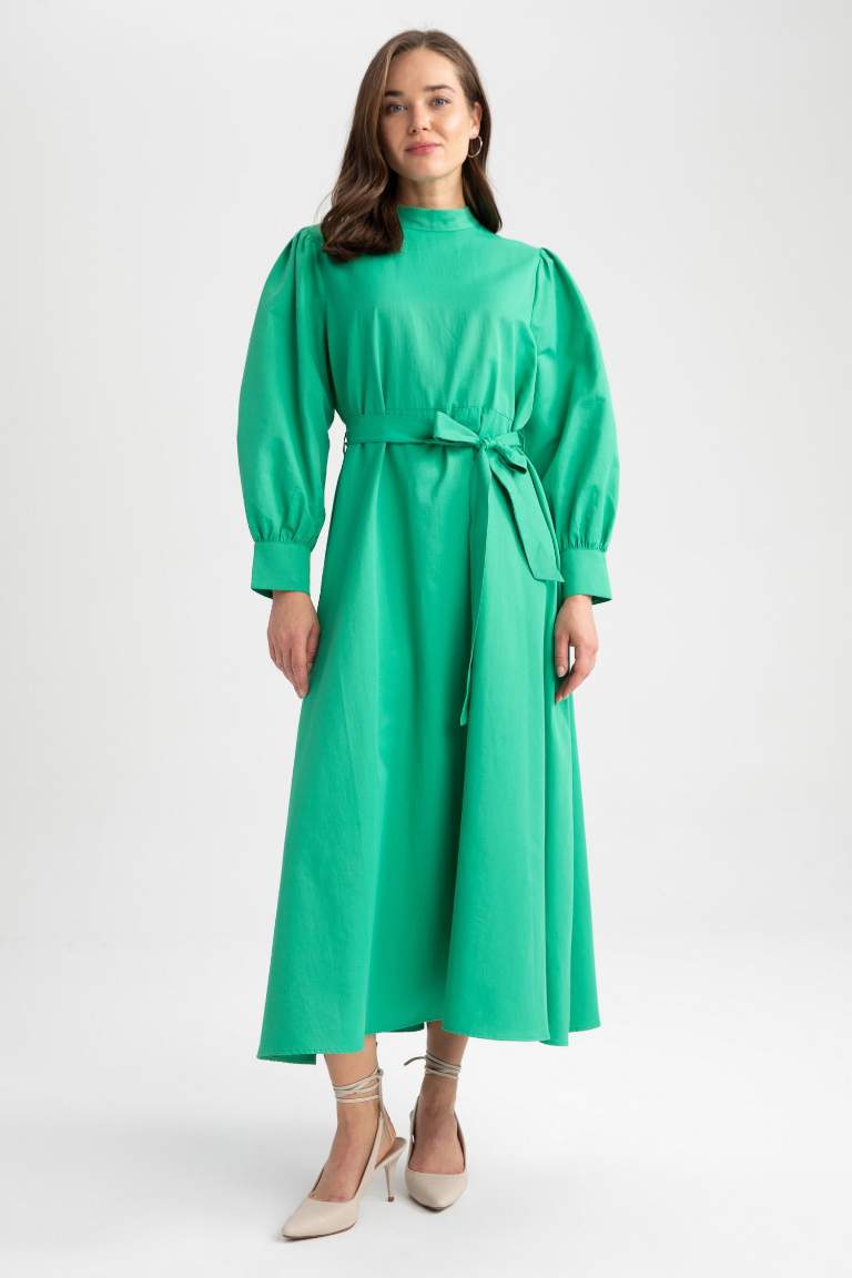 A-Line Half Turtleneck Poplin Long Sleeve Dress
