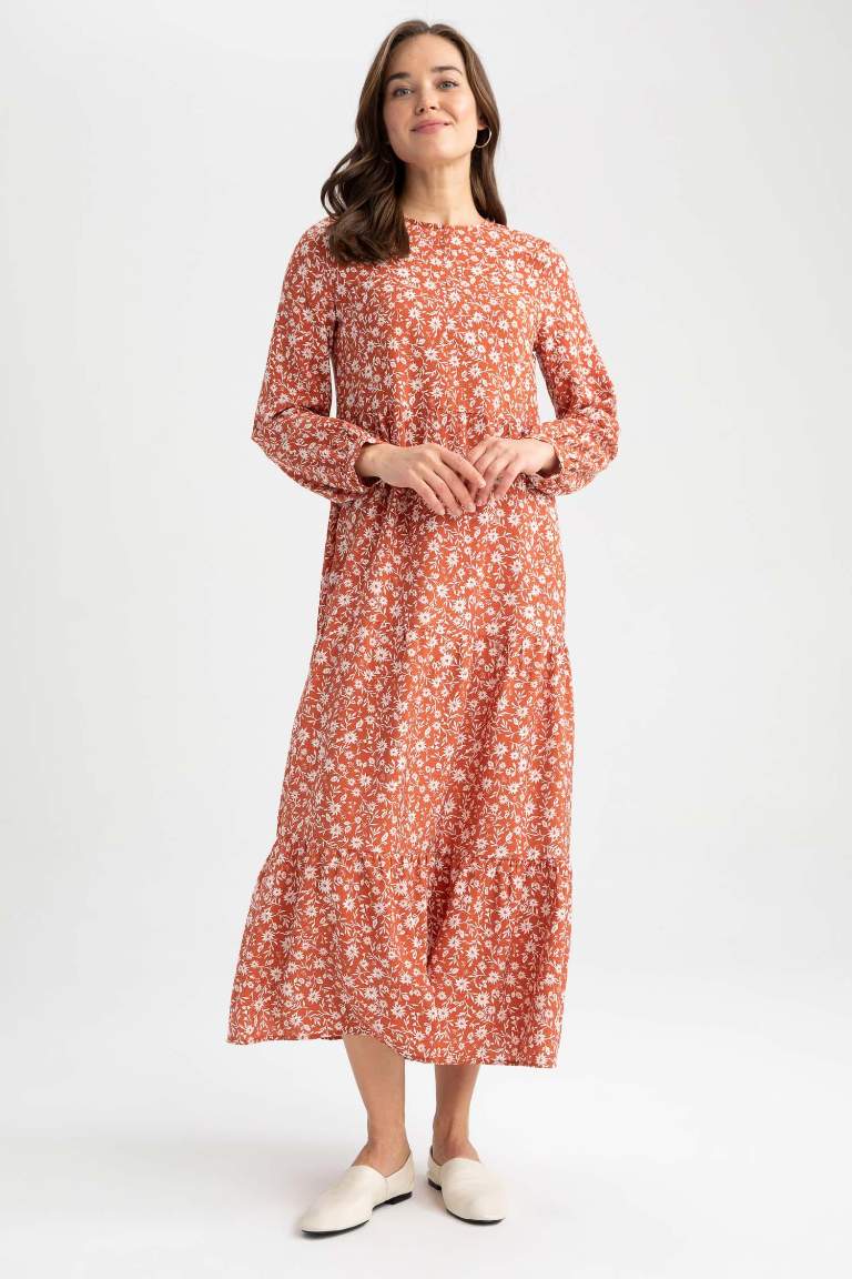 Crew Neck Floral Long Sleeve Maxi Dress