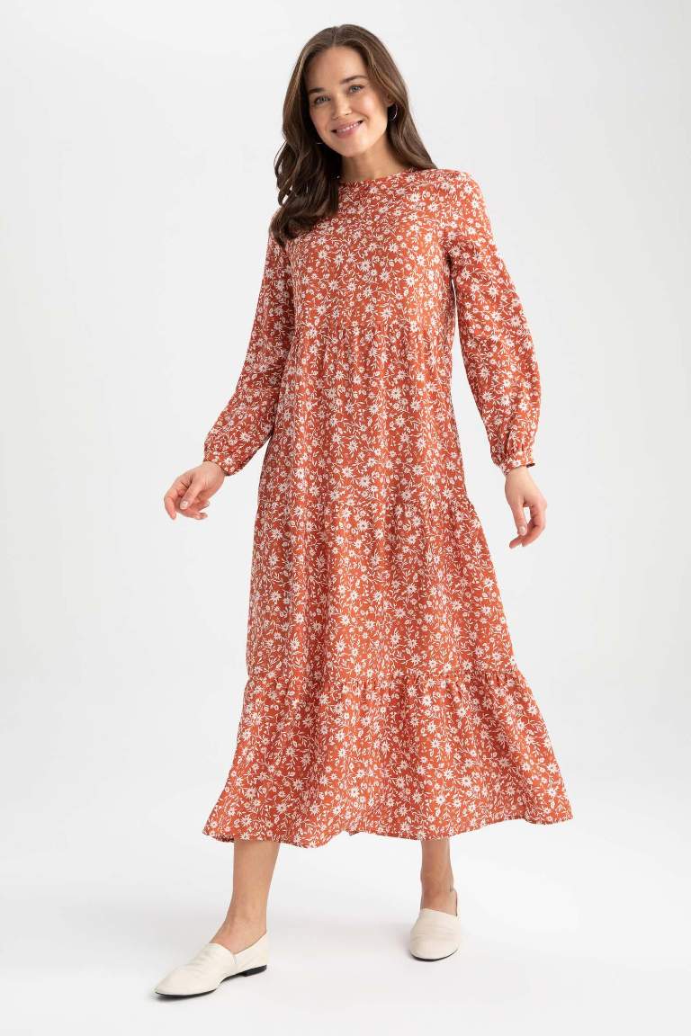 Crew Neck Floral Long Sleeve Maxi Dress
