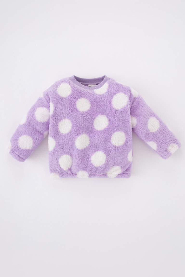 Kız Bebek Puantiyeli Bisiklet Yaka Pelüş Sweatshirt