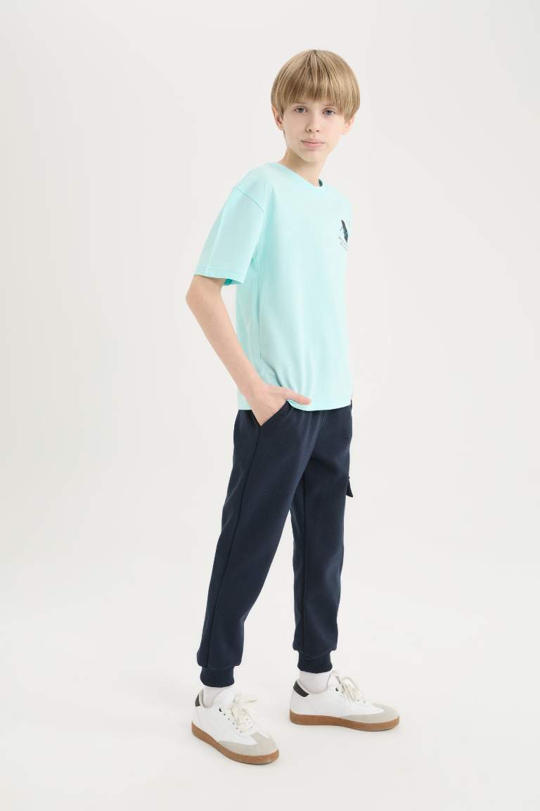 Boy Elastic Waist Leg Pocketed Jogger Sweatpants