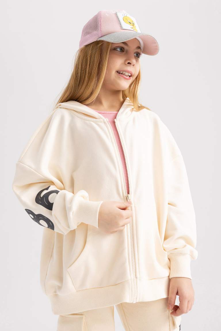 Kız Çocuk Kapüşonlu Sırt Baskılı Fermuarlı Sweatshirt