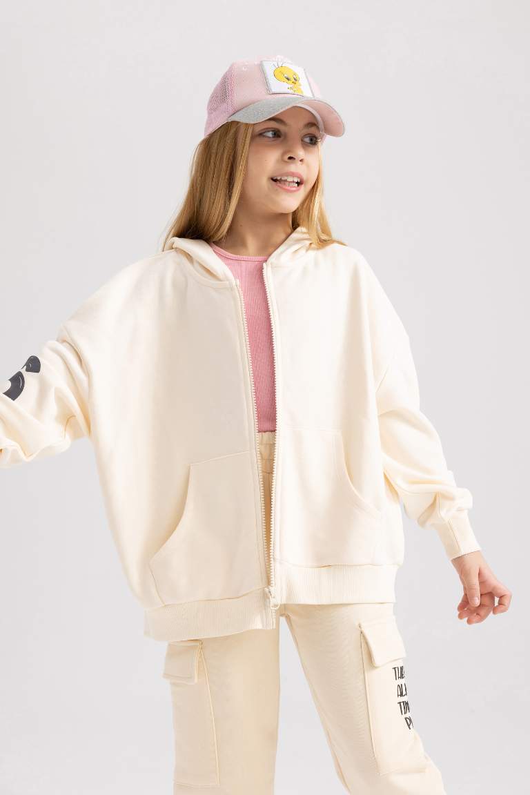 Kız Çocuk Kapüşonlu Sırt Baskılı Fermuarlı Sweatshirt