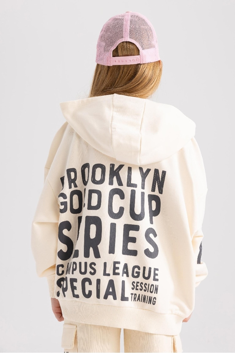 Kız Çocuk Kapüşonlu Sırt Baskılı Fermuarlı Sweatshirt