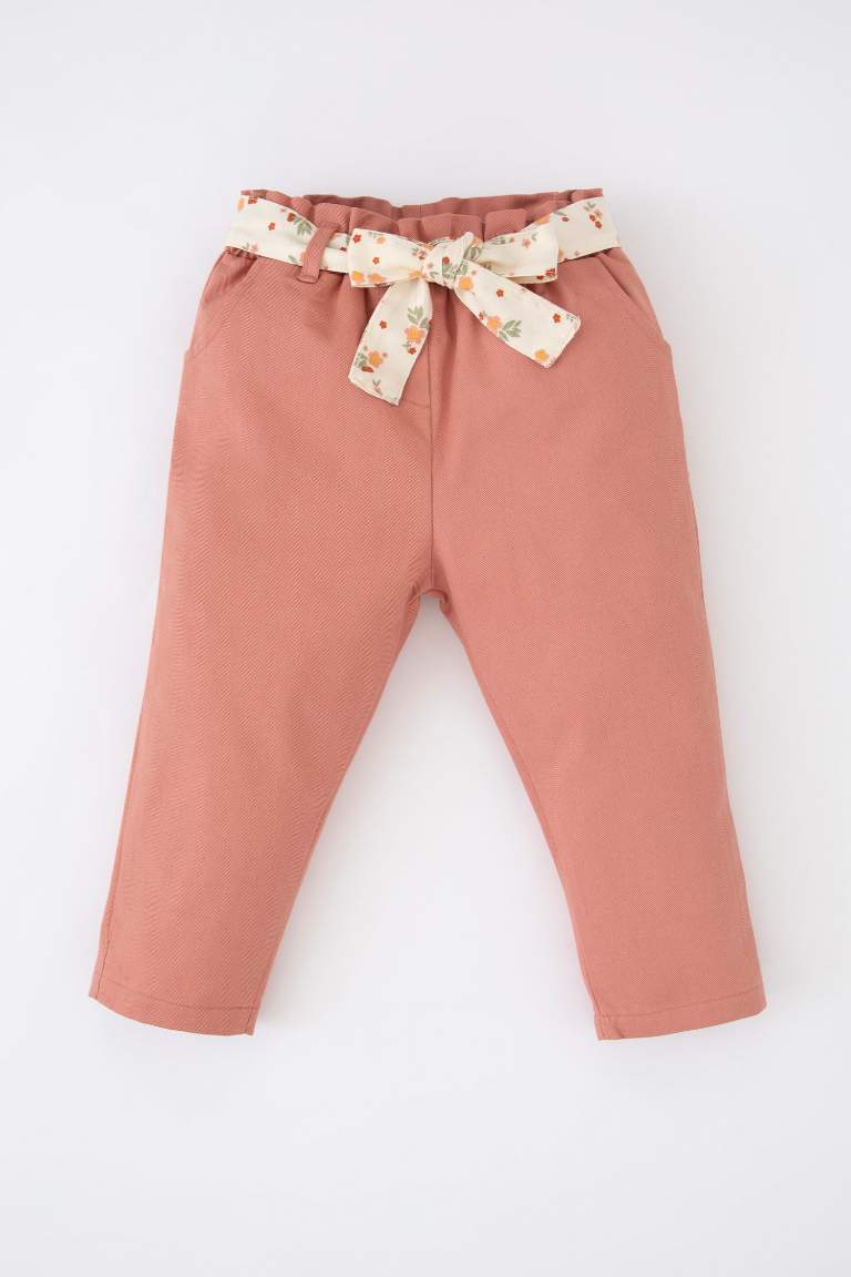 Pink Baby Girl Baby Girl Belt Detailed Gabardine Trousers