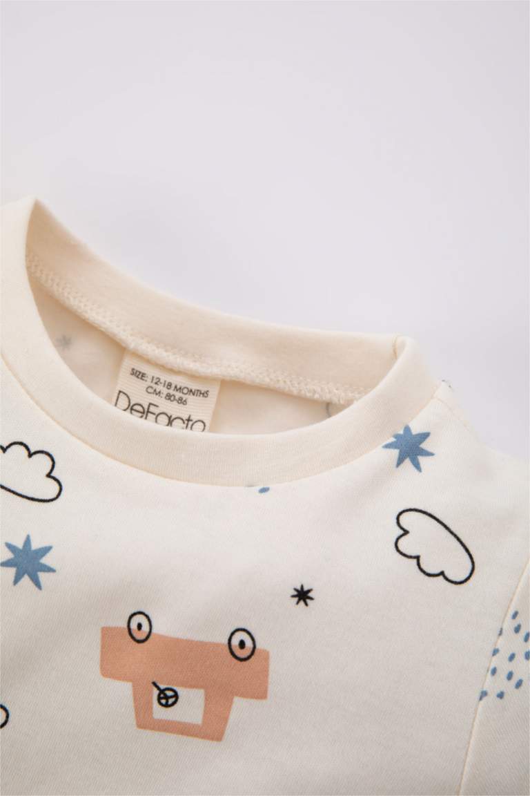 Baby Boy Crew Neck Patterned Rib Organic Cotton 2-Pajama Set