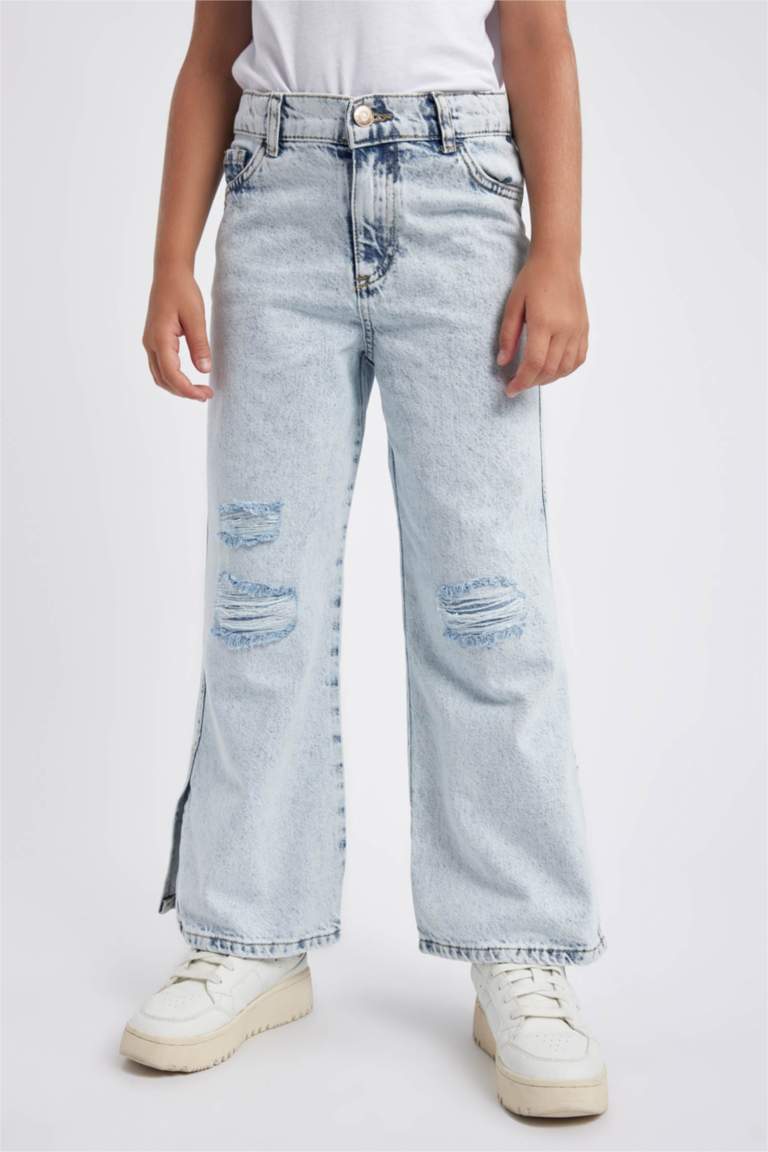 Kız Çocuk Wide Leg Yırtık Detaylı Geniş Paça Jean Pantolon