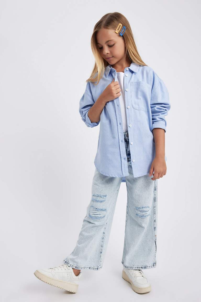 Kız Çocuk Wide Leg Yırtık Detaylı Geniş Paça Jean Pantolon