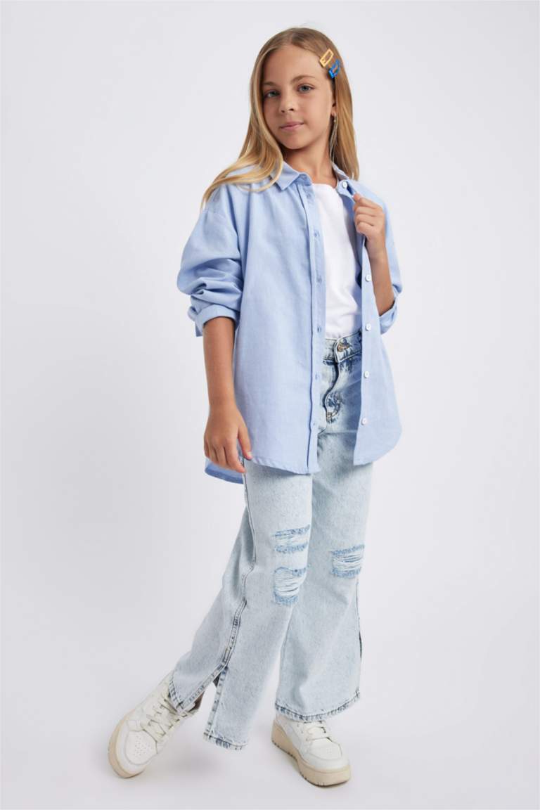 Kız Çocuk Wide Leg Yırtık Detaylı Geniş Paça Jean Pantolon