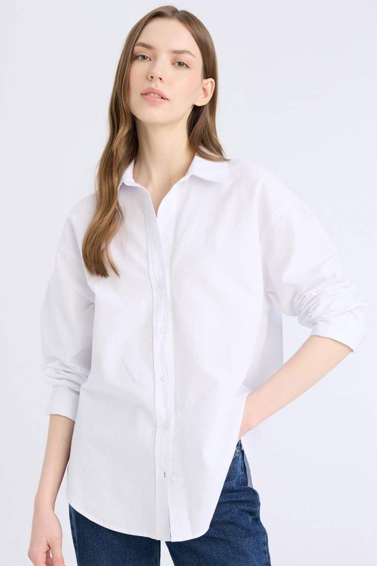%100 Pamuk Oversize Geniş Kalıp Basic Düz Oxford Uzun Kollu Gömlek