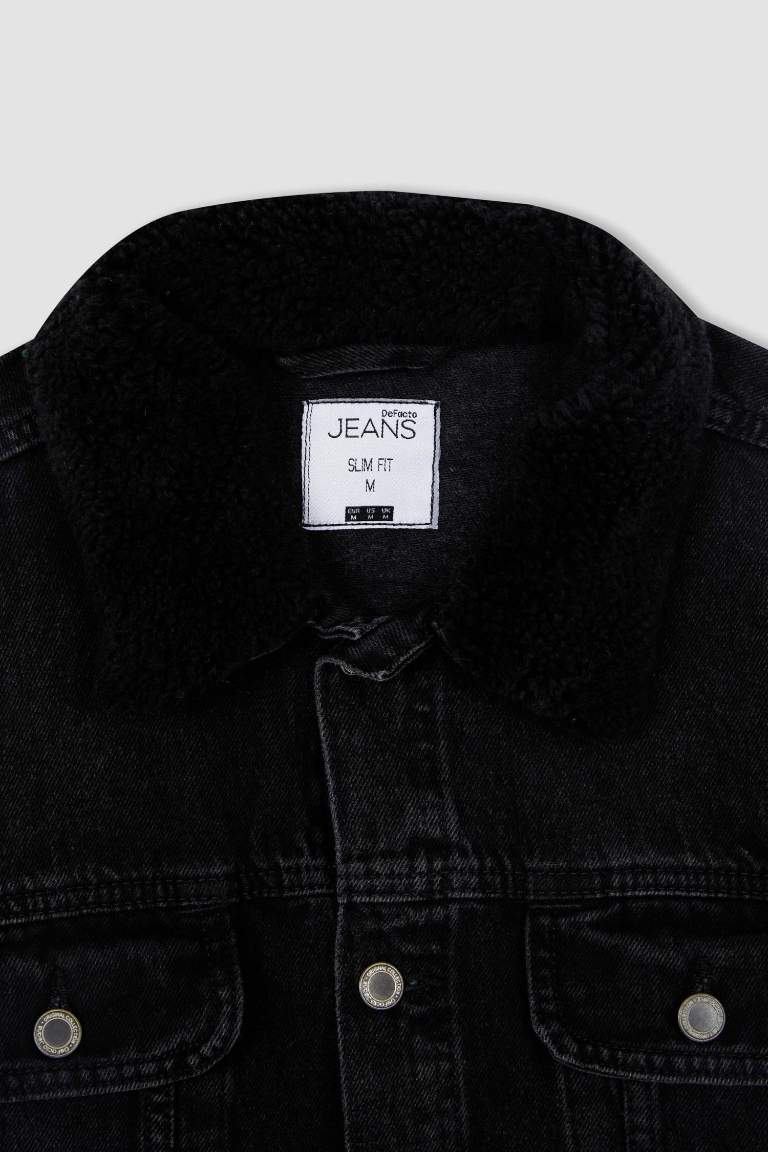 Slim Fit Faux Fur Collar Jean Jacket