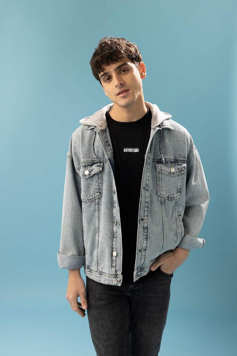 Oversize Fit Kapüşonlu Jean Ceket