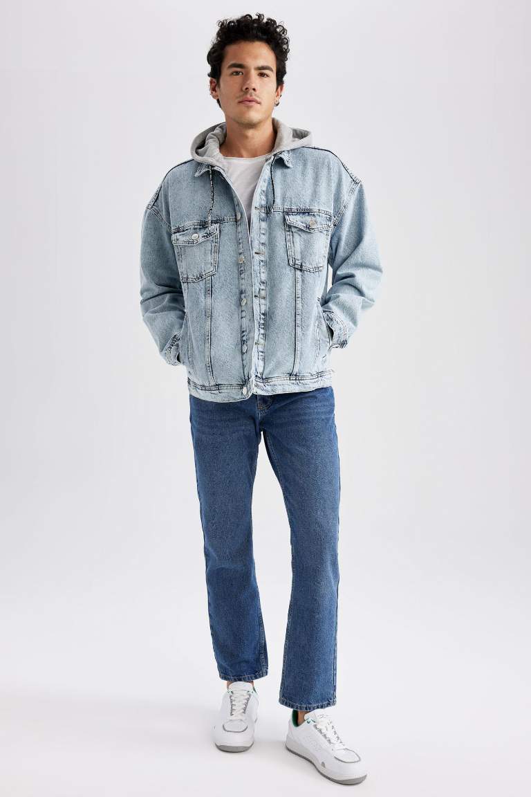 Oversize Fit Kapüşonlu Jean Ceket