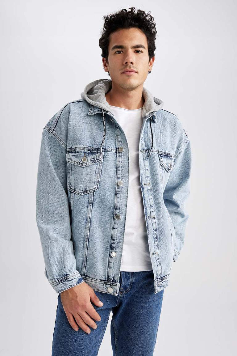 Oversize Fit Kapüşonlu Jean Ceket