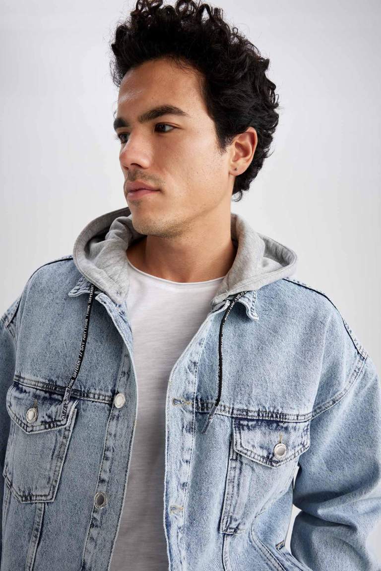 Oversize Fit Kapüşonlu Jean Ceket