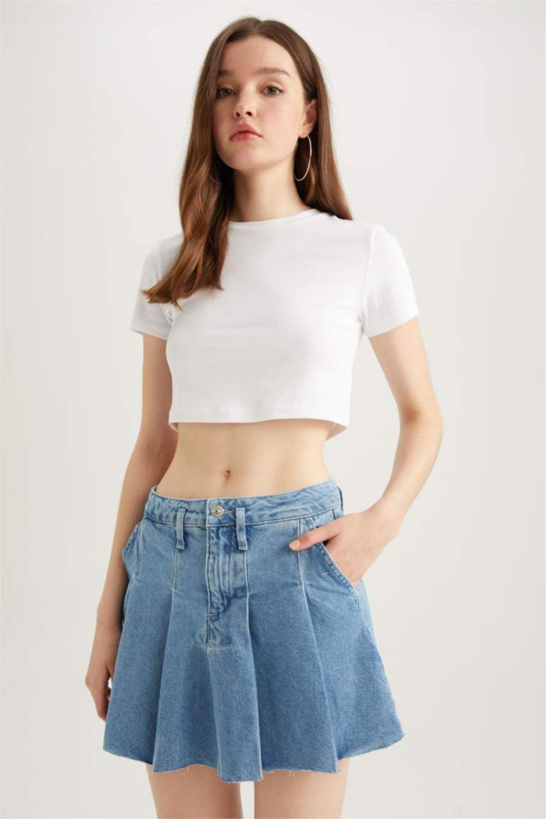 Blue WOMAN ALine Pleated Mini Jean Skirt 2722966 DeFacto