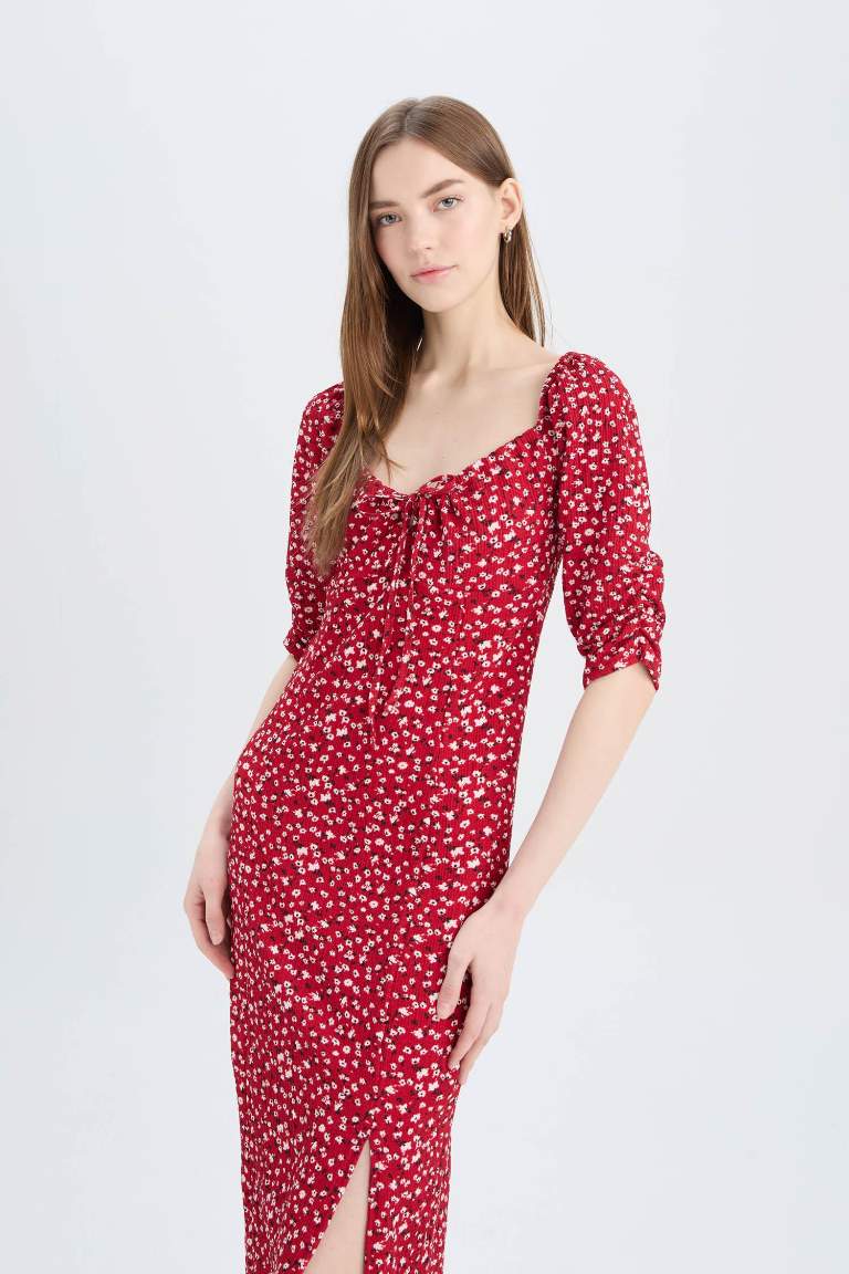 Bodycon Square Collar Floral Midi Dress