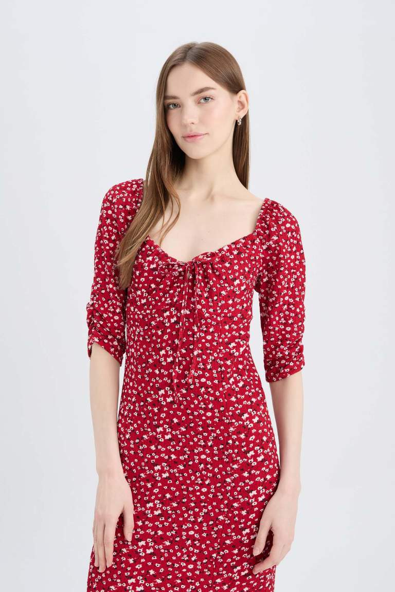 Bodycon Square Collar Floral Midi Dress