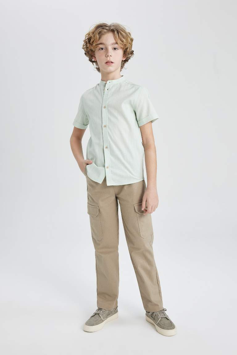 Boy Regular Fit Stand Collar Linen Look Shirt