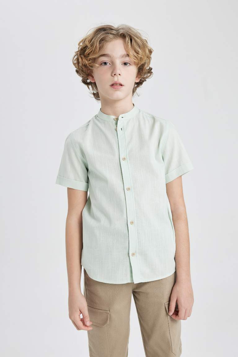 Boy Regular Fit Stand Collar Linen Look Shirt