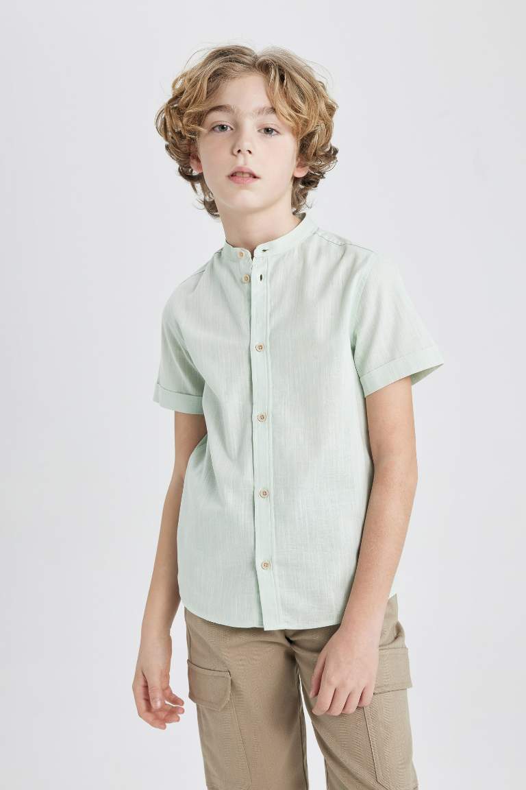 Boy Regular Fit Stand Collar Linen Look Shirt